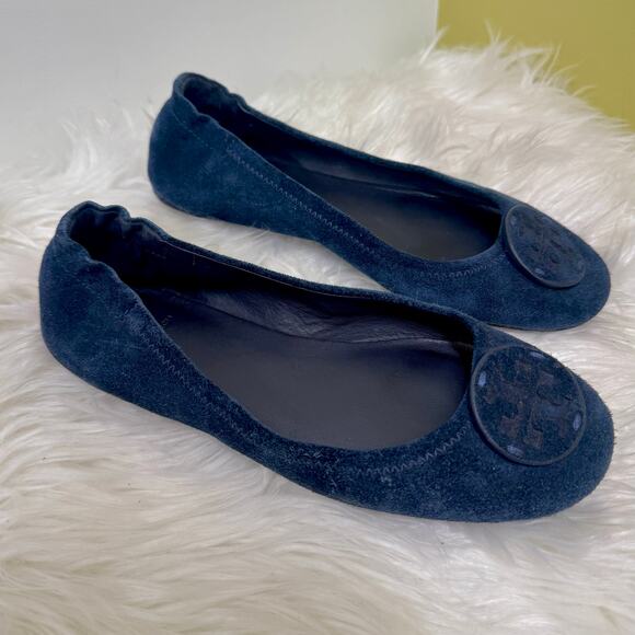 Tory Burch Minnie Travel Ballet Flat Blue Suede Womens Sz 6.5 M Foldable - Picture 1 of 14